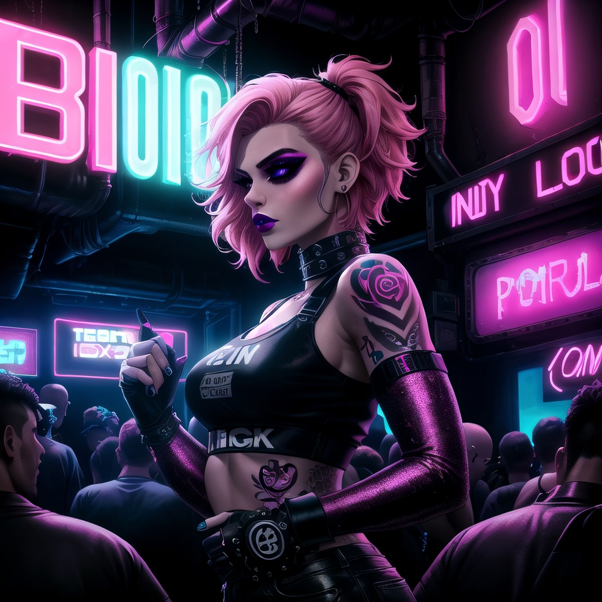 close-up, night club, underground club, neon lights, a punk female, makeup, short pink hair, tattoo, techwear outfit, crow...